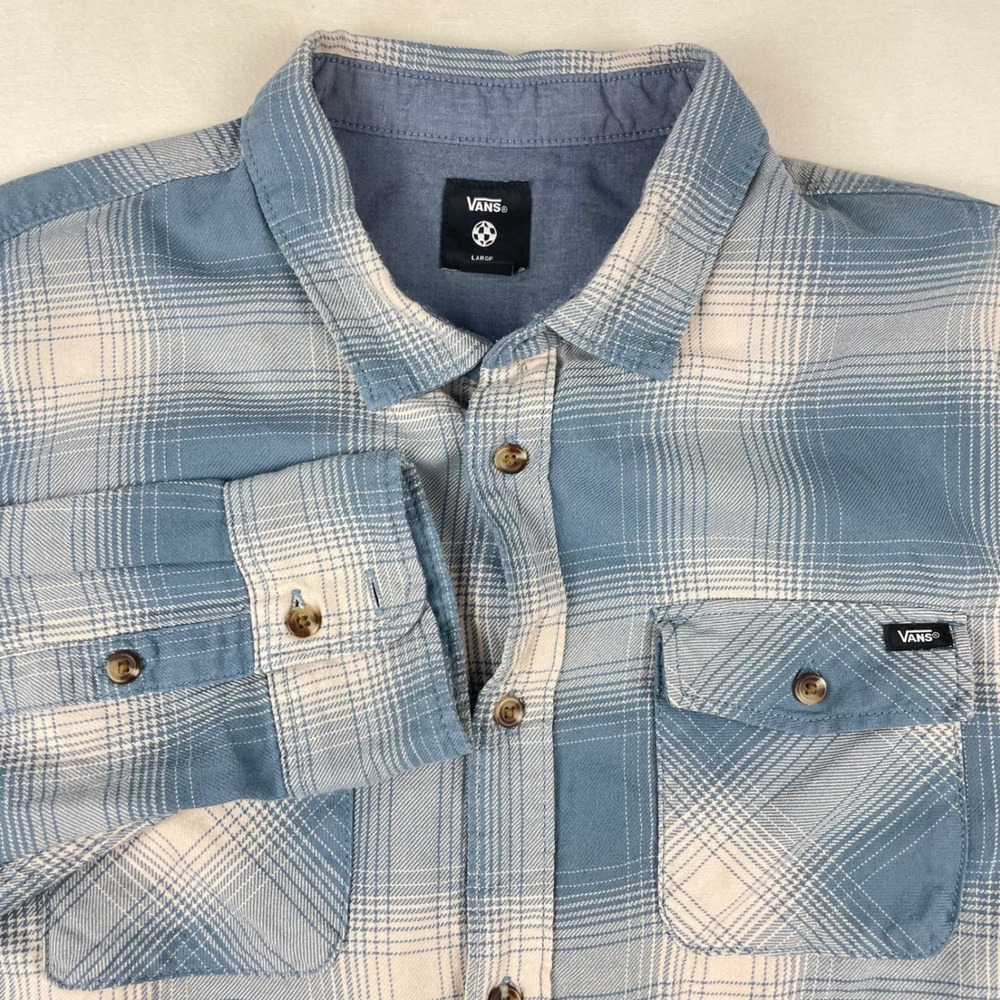 Vans Mens Blue White Plaid Flannel Long Sleeve Button Down Shirt Classic Fit L
